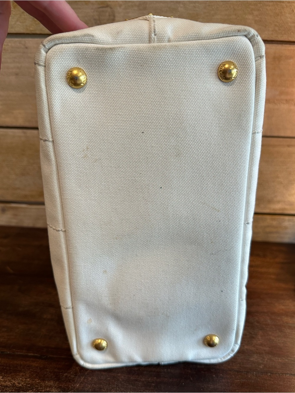 Authentic Prada Canapa Small Tote in ivory/cream canvas w/ gold hardware & strap - Picture 15 of 16